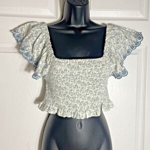 Rylee + Cru Shirt Womens XS Blue White Smocked Crop Top Flutter Sleeve Milkmaid